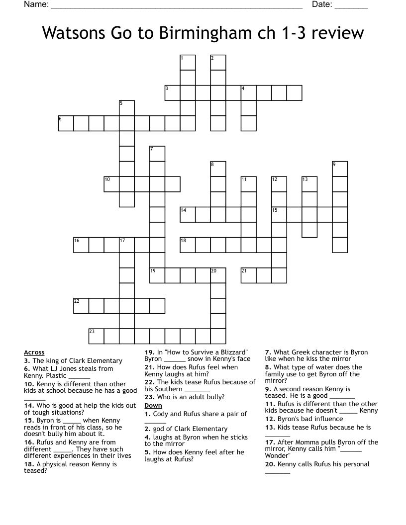 Watsons Go to Birmingham ch 1-3 review Crossword
