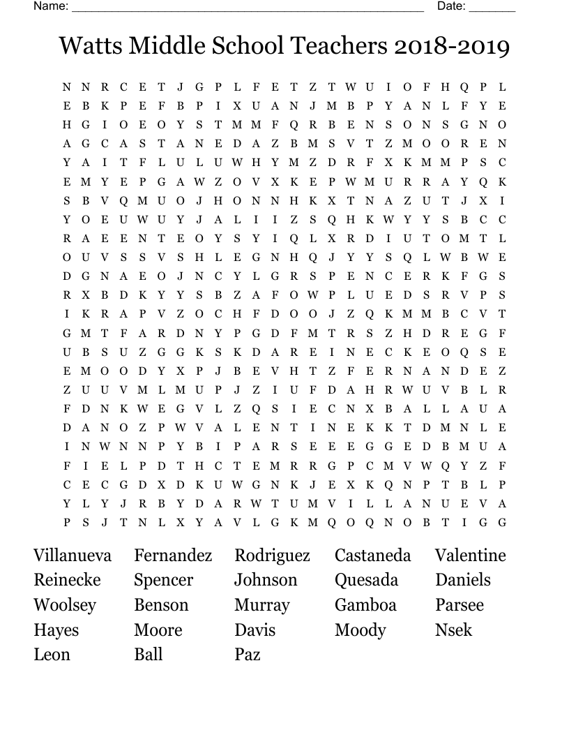 Watts Middle School Teachers 2018-2019 Word Search