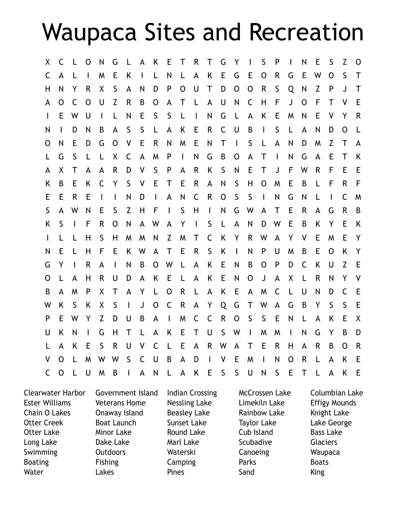 Waupaca Sites and Recreation Word Search