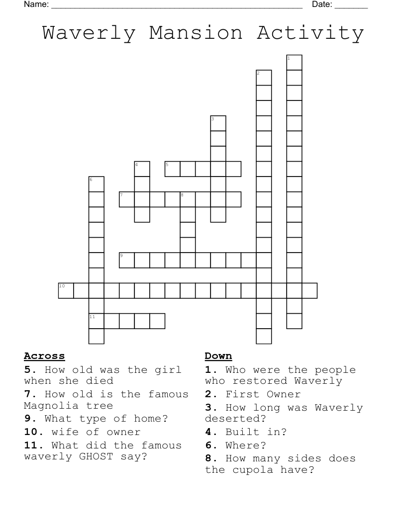 Waverly Mansion Activity Crossword