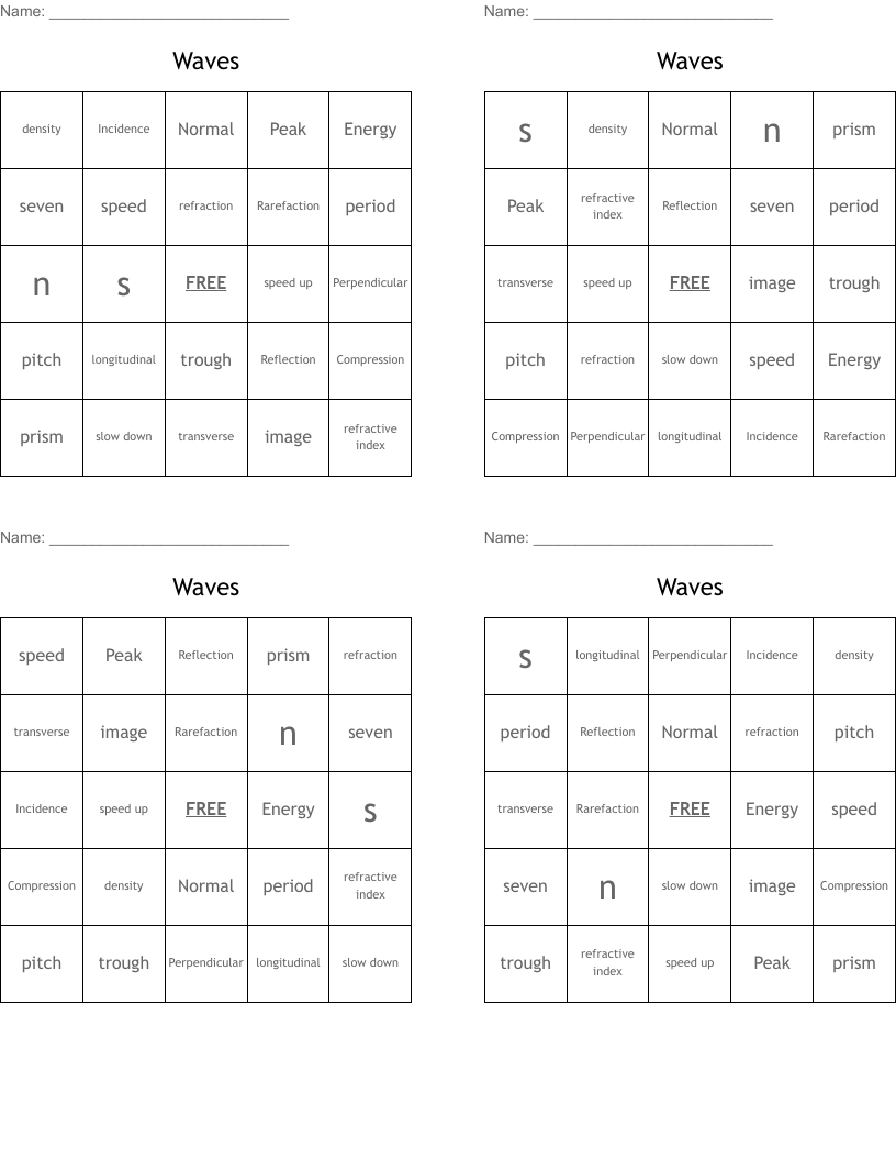 Waves Bingo Cards