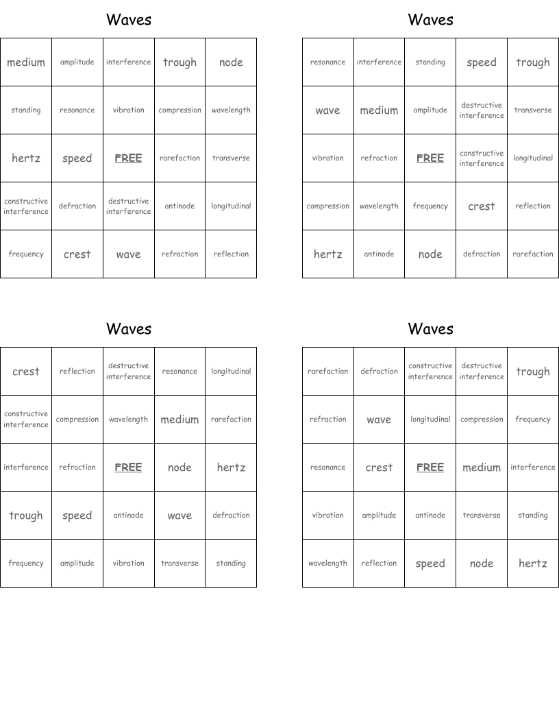 Waves Bingo Cards