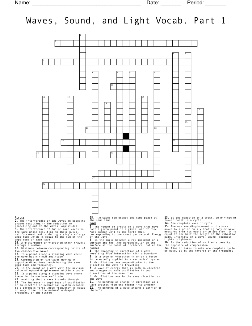 Waves, Sound, and Light Vocab. Part 1 Crossword