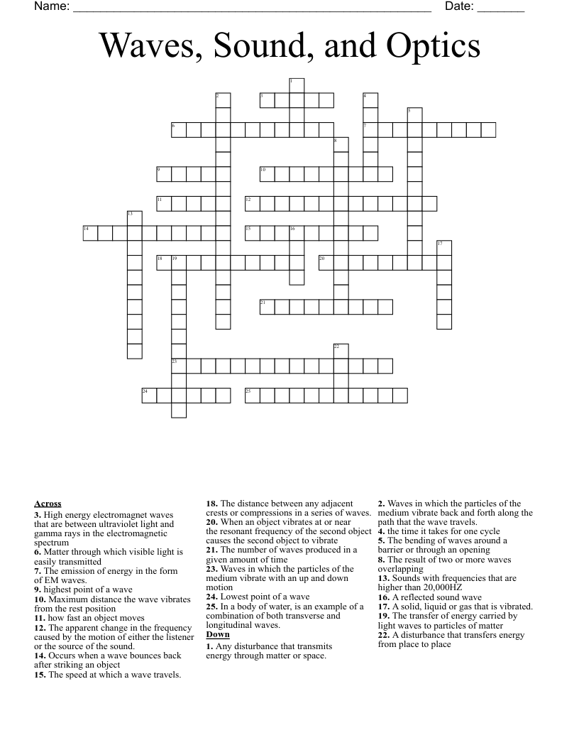 Waves, Sound, and Optics Crossword