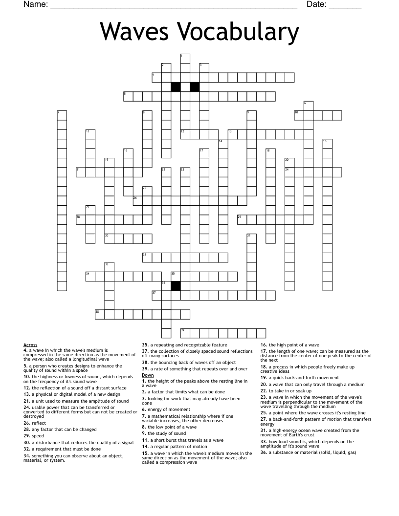 Waves Vocabulary Crossword