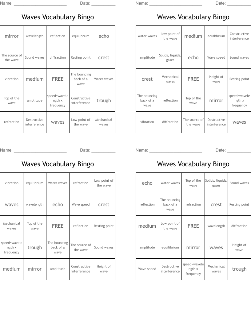 Waves Vocabulary Bingo