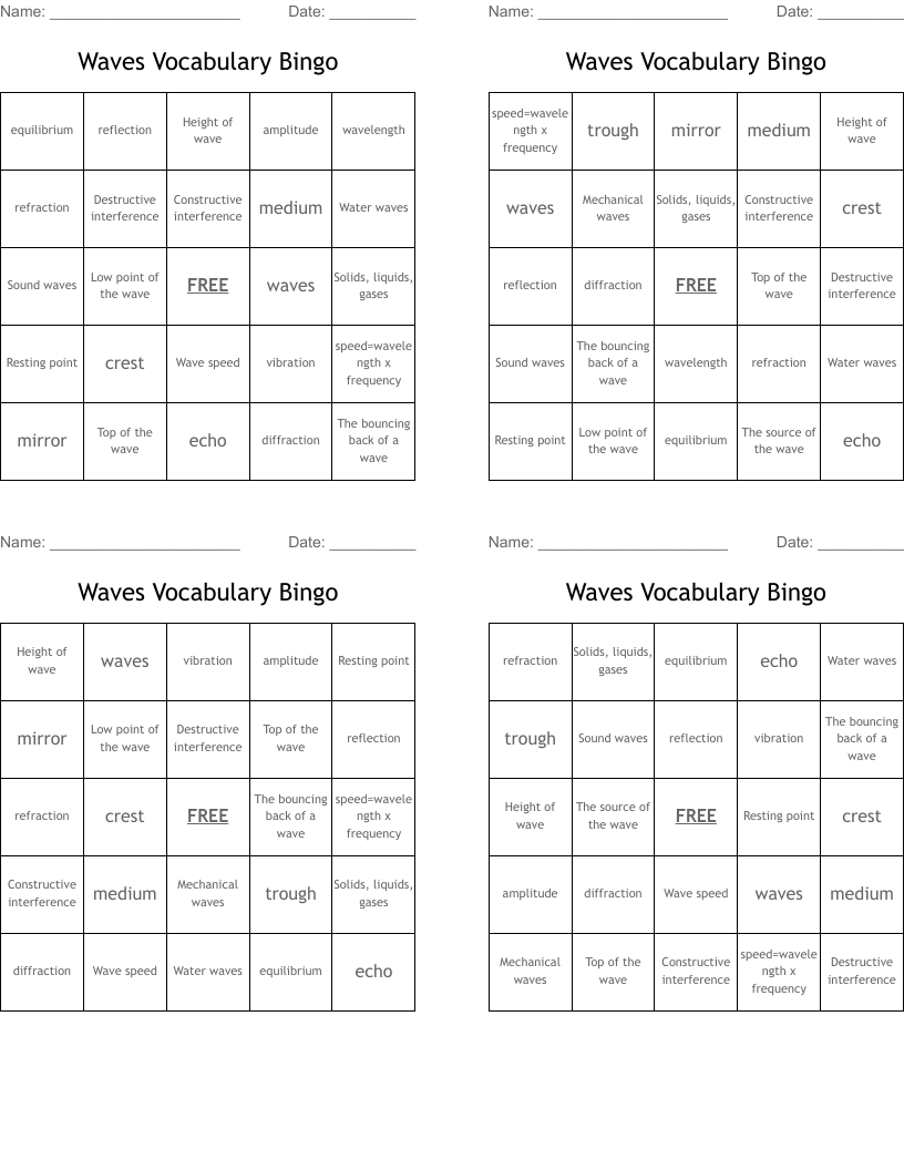 Waves Vocabulary Bingo