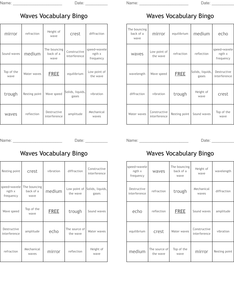 Waves Vocabulary Bingo