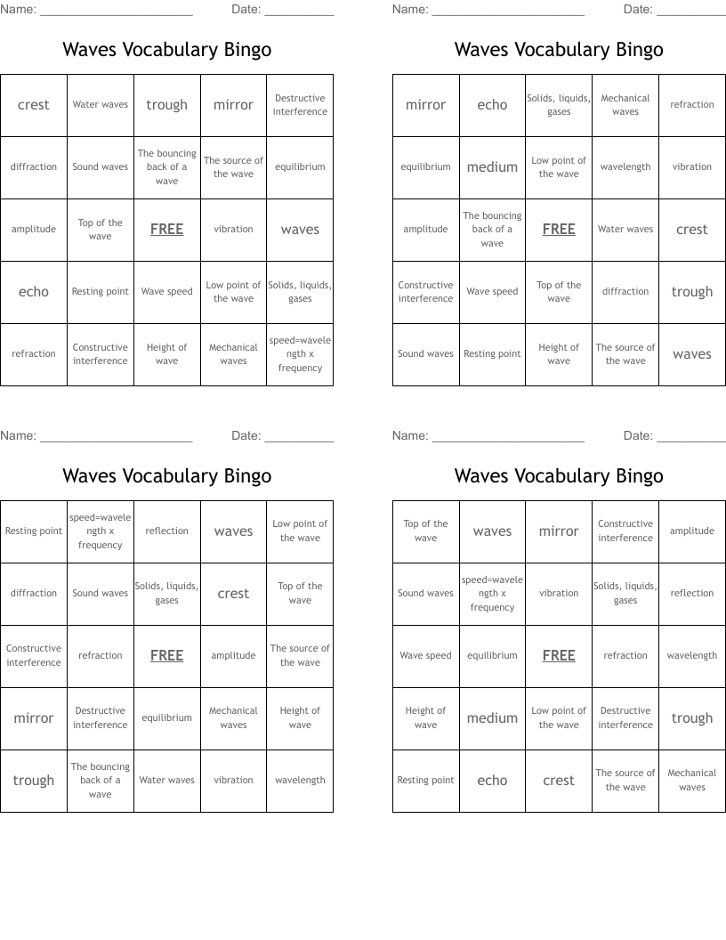 Waves Vocabulary Bingo
