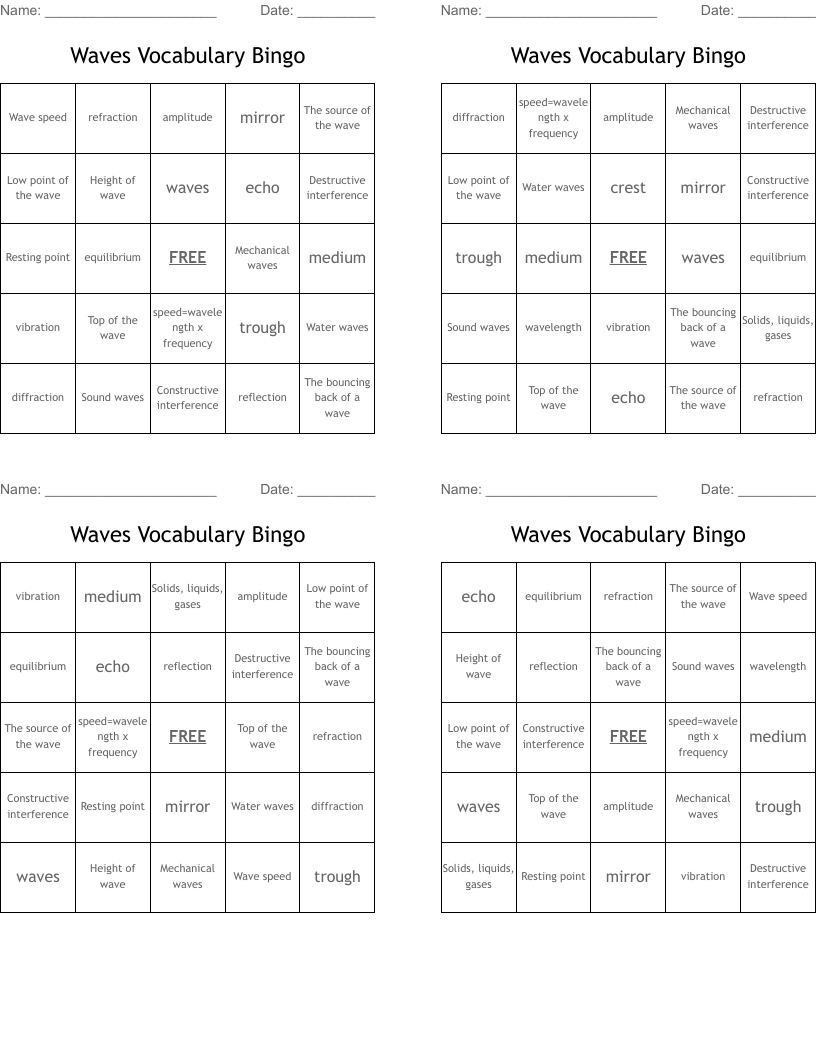 Waves Vocabulary Bingo