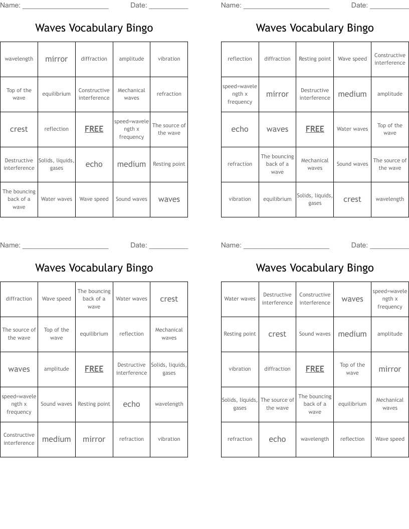 Waves Vocabulary Bingo