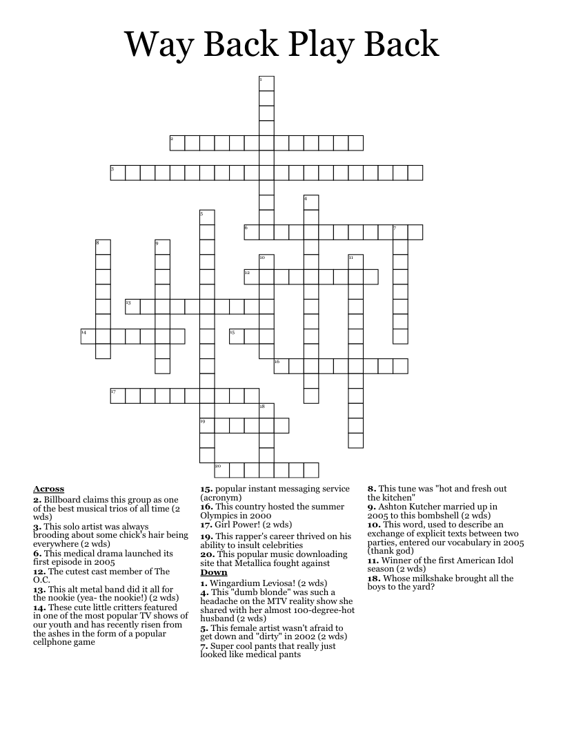 Way Back Play Back Crossword