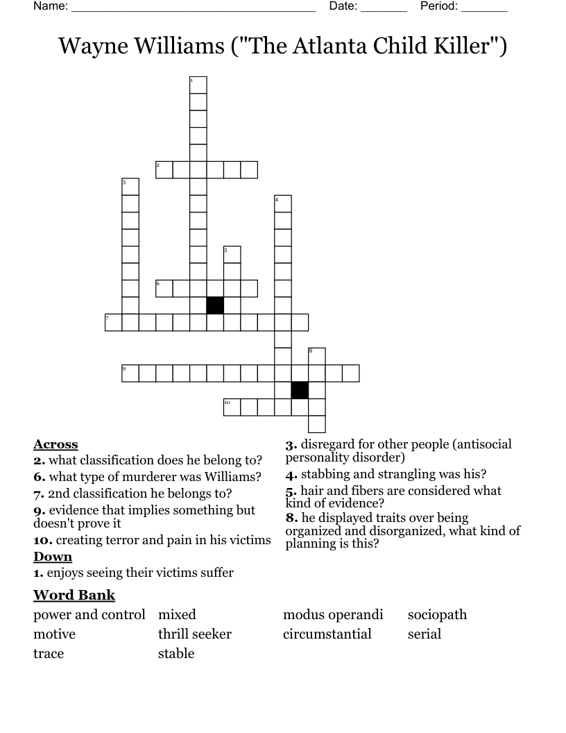 Wayne Williams ("The Atlanta Child Killer") Crossword