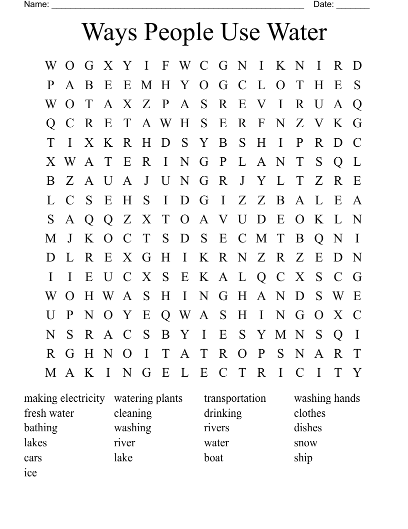 Ways People Use Water Word Search