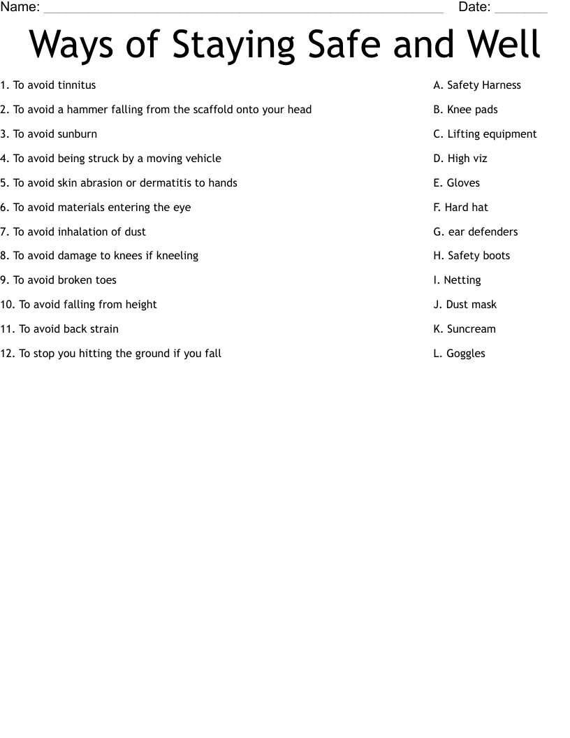 Ways of Staying Safe and Well Worksheet