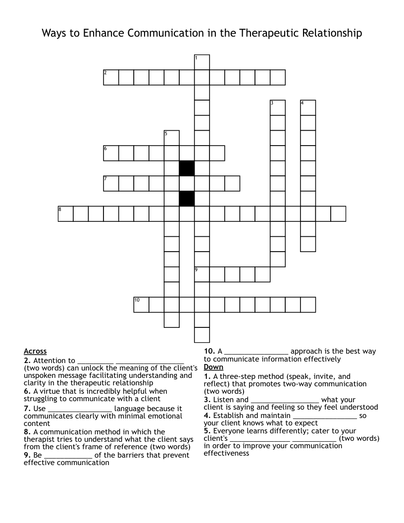 Ways to Enhance Communication in the Therapeutic Relationship Crossword