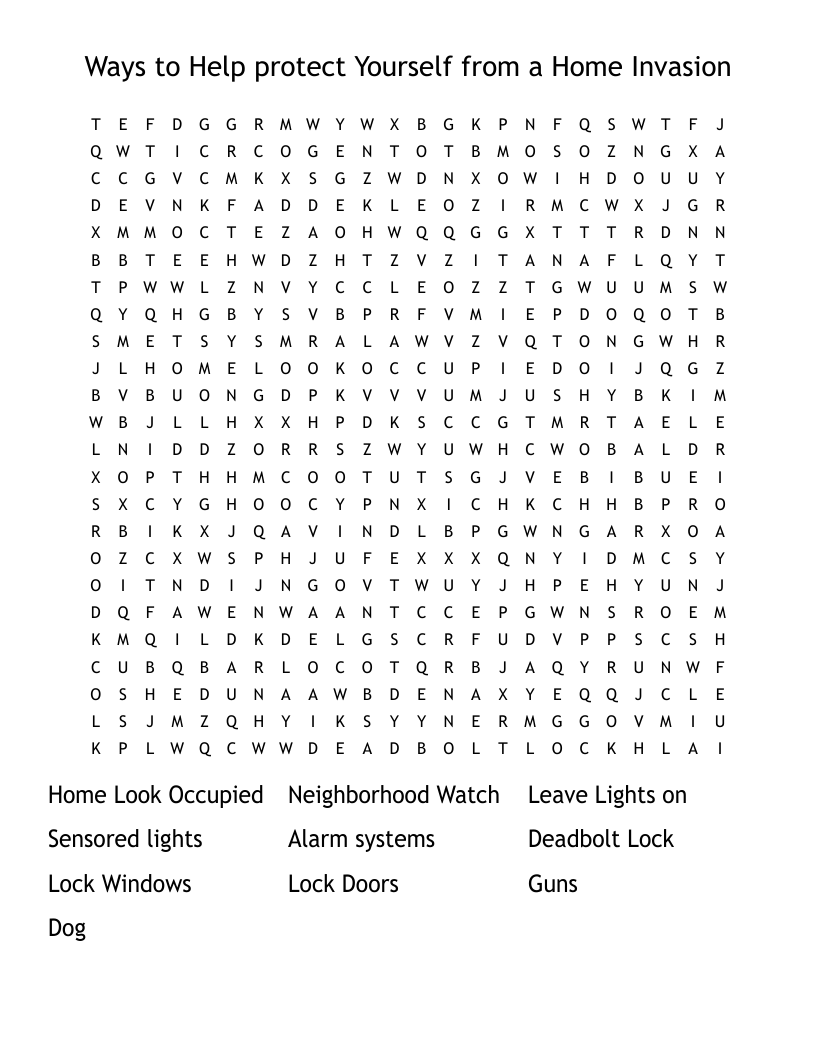 Ways to Help protect Yourself from a Home Invasion Word Search