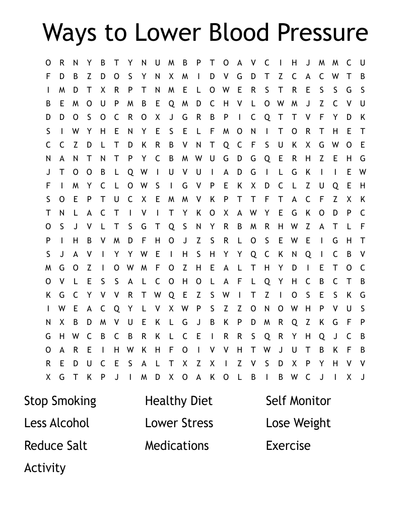 Ways to Lower Blood Pressure Word Search