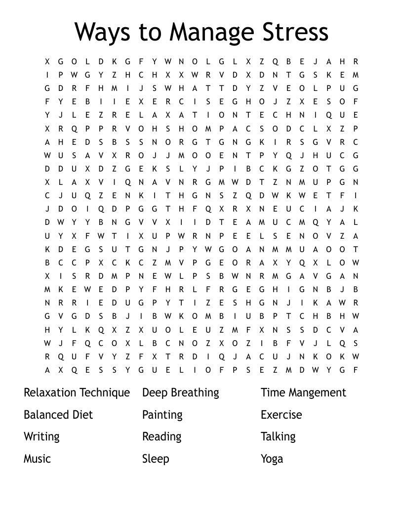 Ways to Manage Stress Word Search