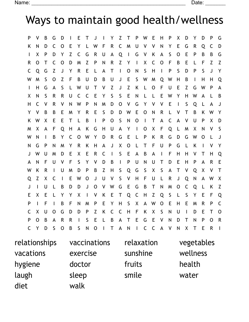 Ways to maintain good health/wellness Word Search
