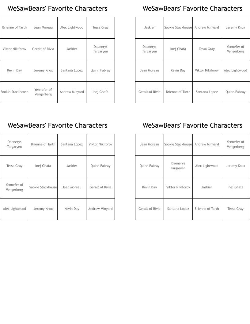 WeSawBears' Favorite Characters Bingo Cards