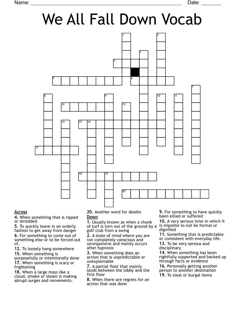 We All Fall Down Vocab Crossword