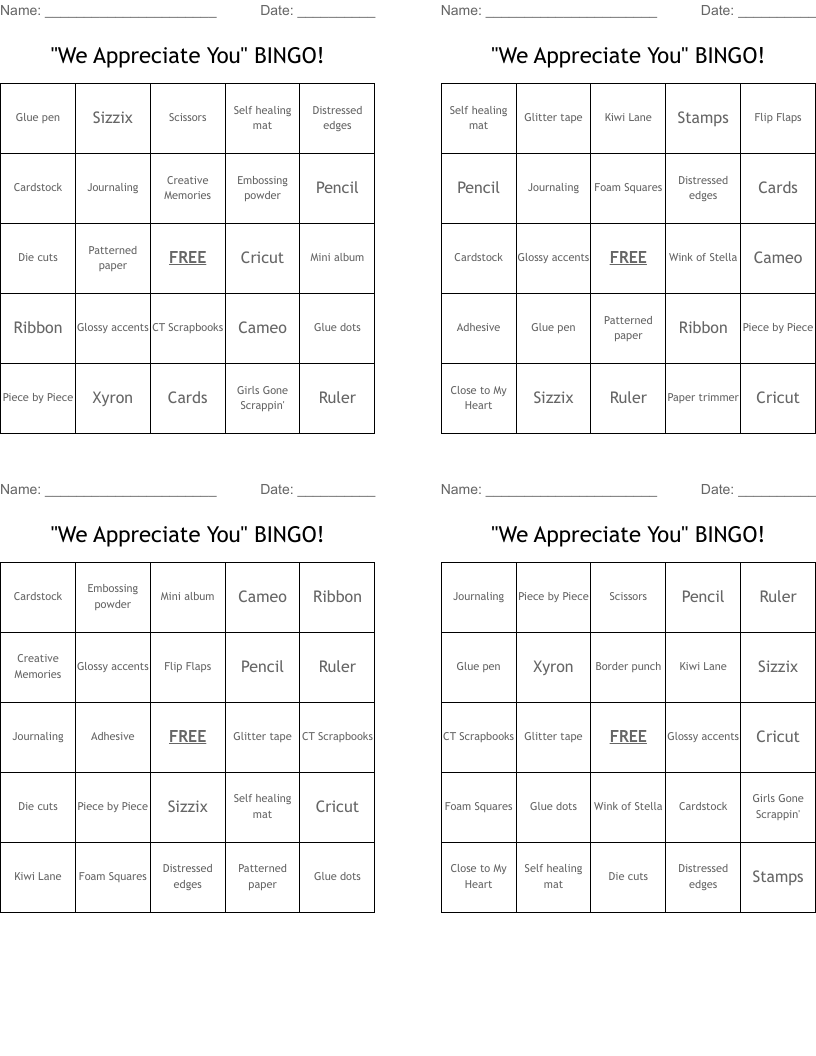 "We Appreciate You" BINGO!
