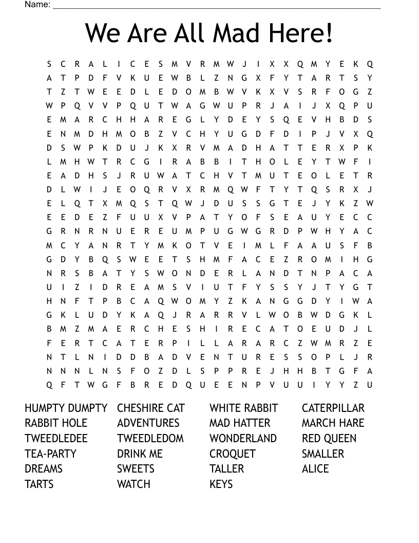 We Are All Mad Here! Word Search