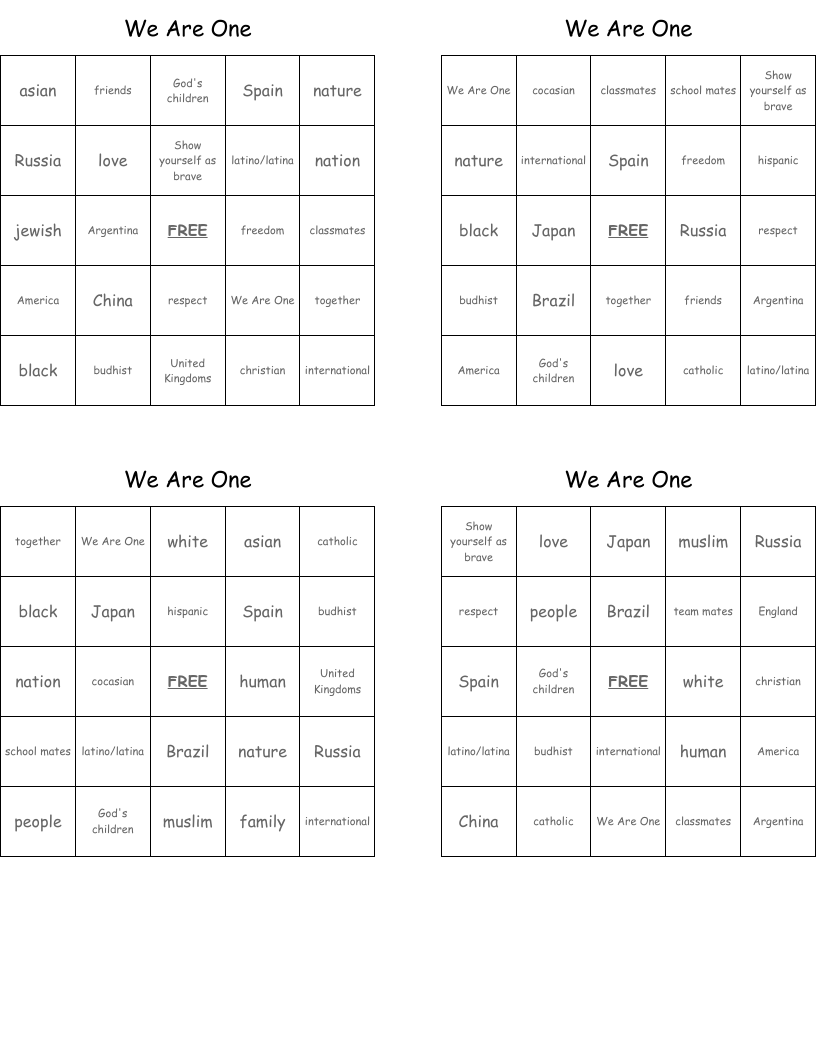 We Are One Bingo Cards