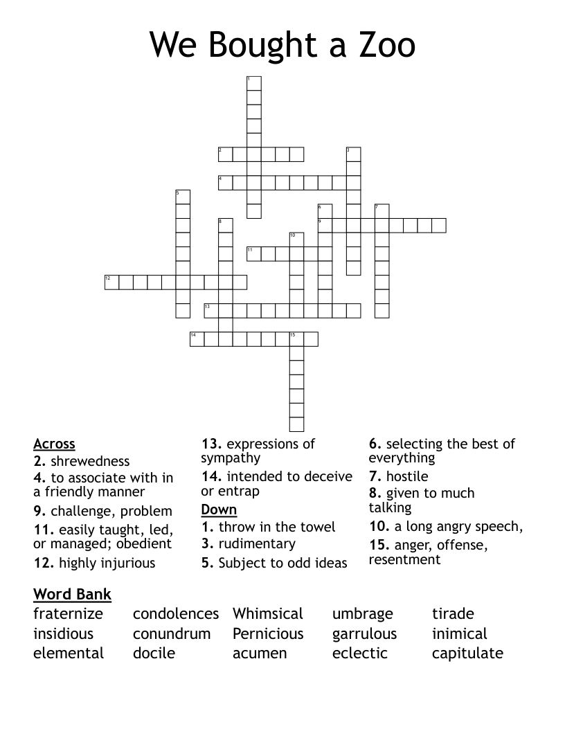 We Bought a Zoo Crossword