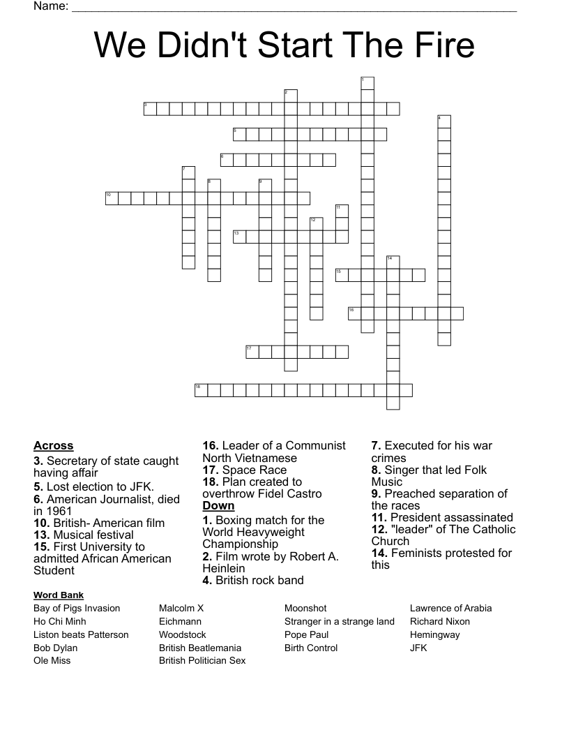 We Didn't Start The Fire  Crossword