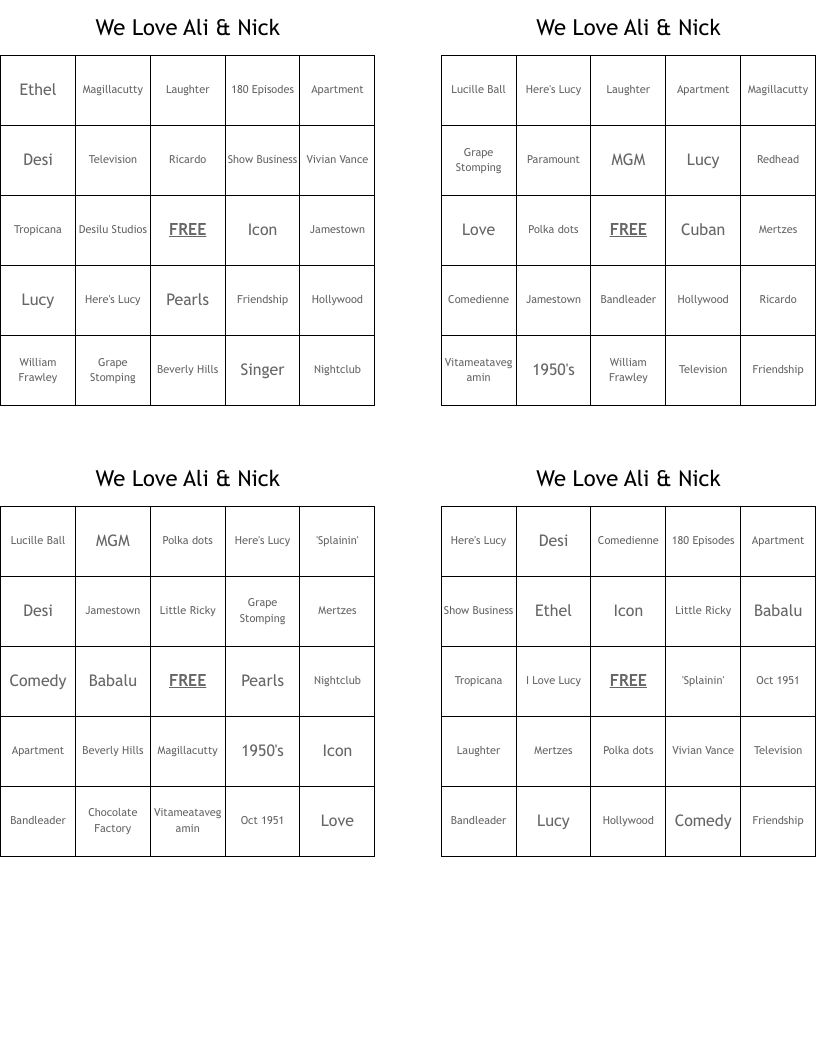We Love Ali & Nick  Bingo Cards
