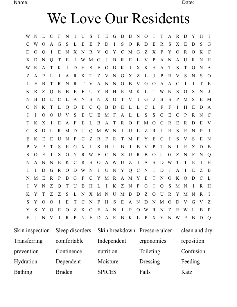 We Love Our Residents Word Search
