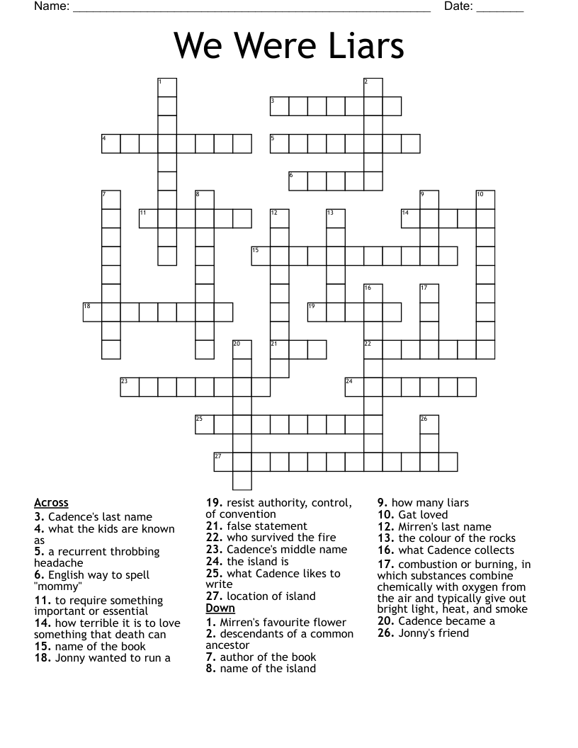 We Were Liars Crossword