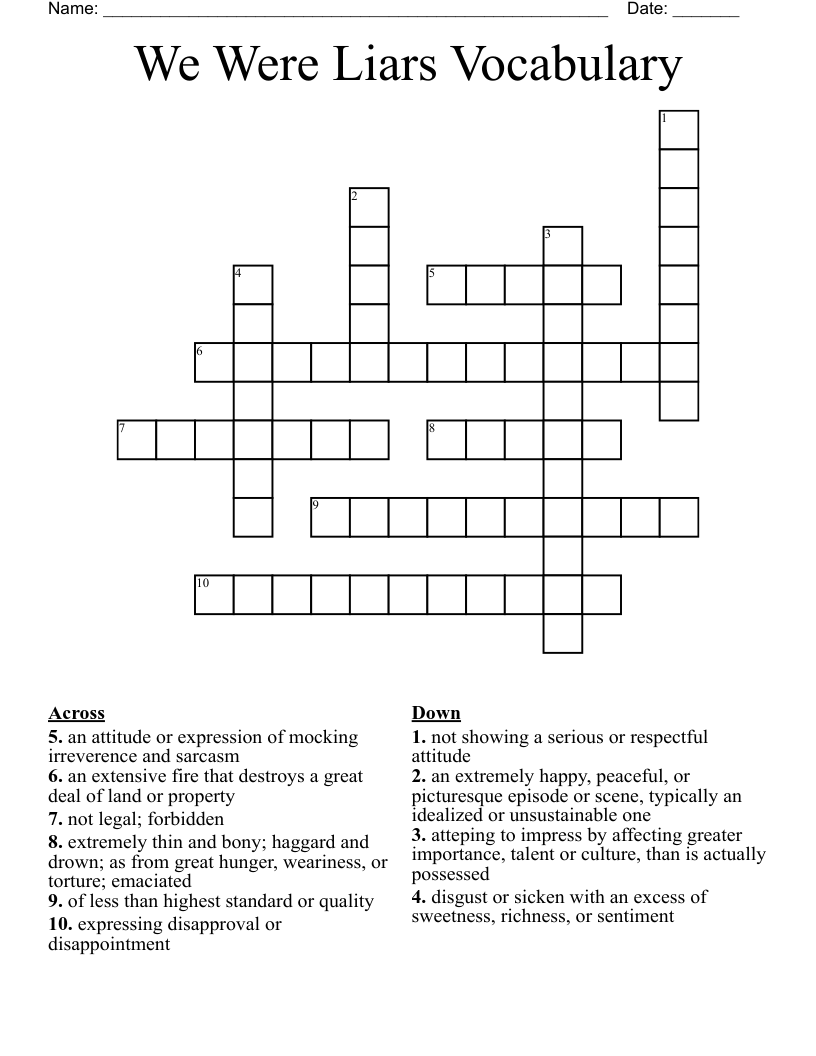We Were Liars Vocabulary Crossword
