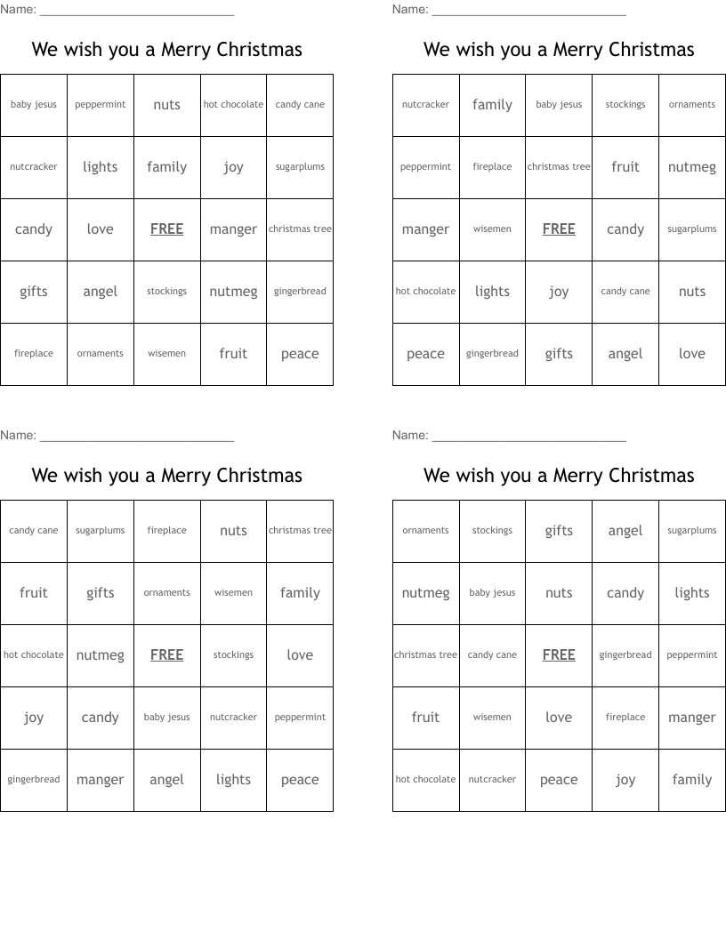 We wish you a Merry Christmas Bingo Cards