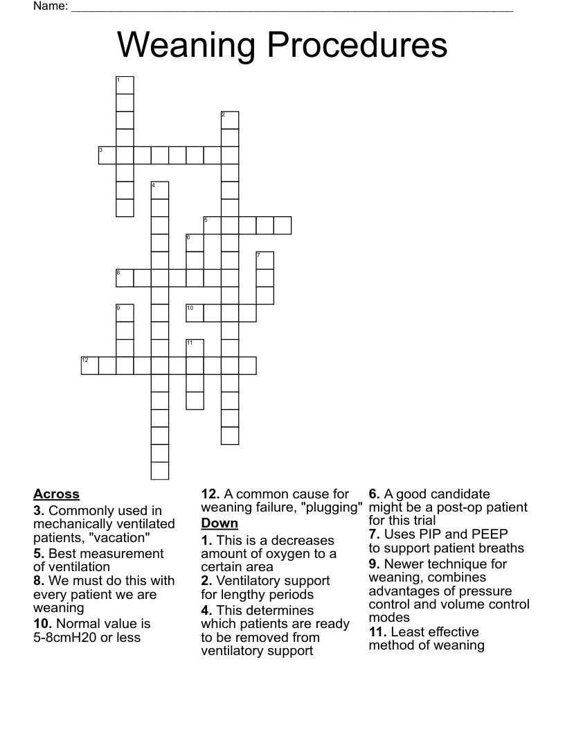 Weaning Procedures Crossword