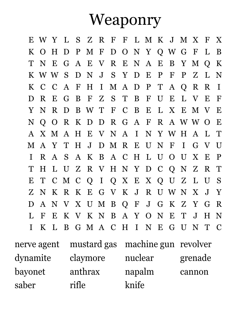 Weaponry Word Search