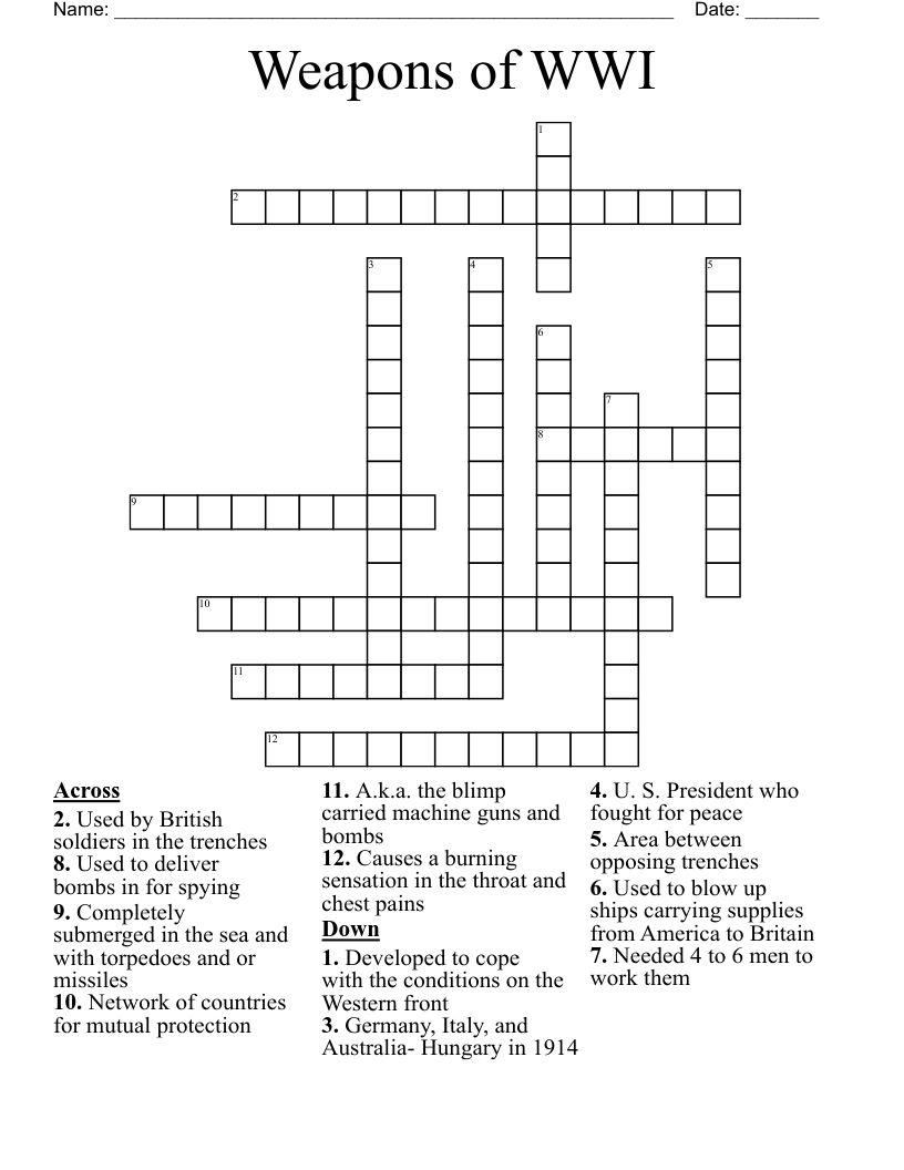 Weapons of WWI  Crossword