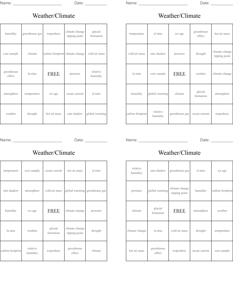 Weather/Climate Bingo Cards