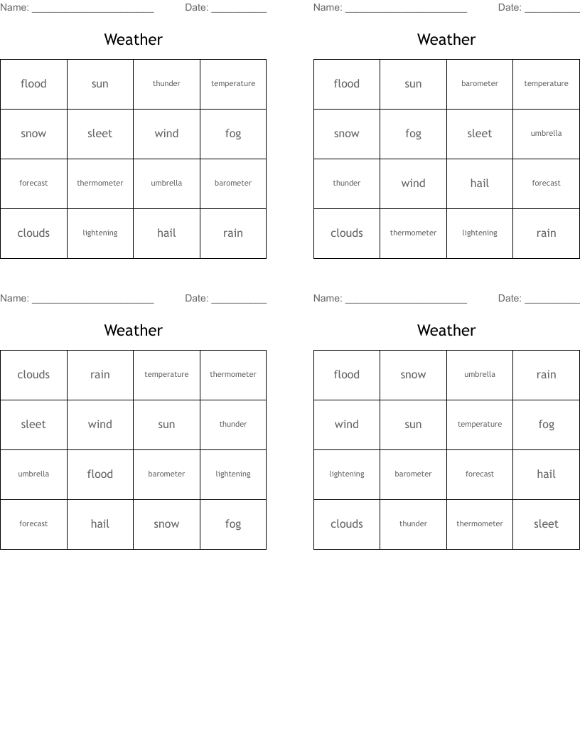 Weather Bingo Cards