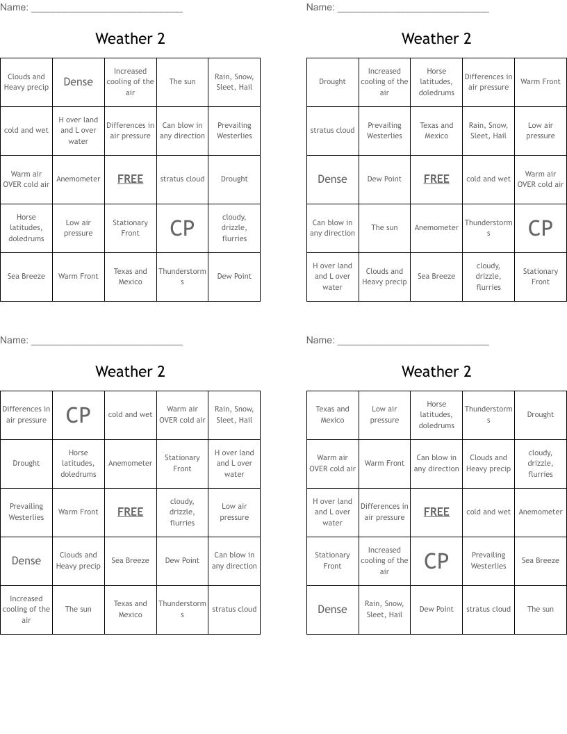 Weather 2 Bingo Cards