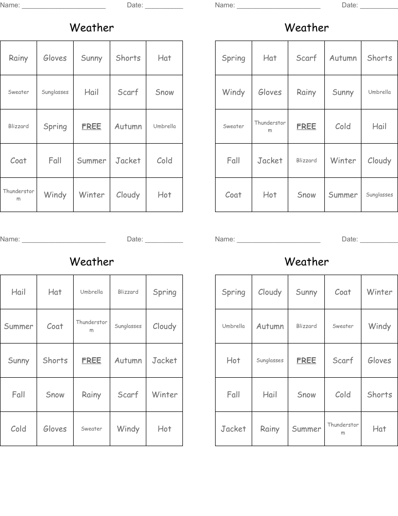 Weather Bingo Cards