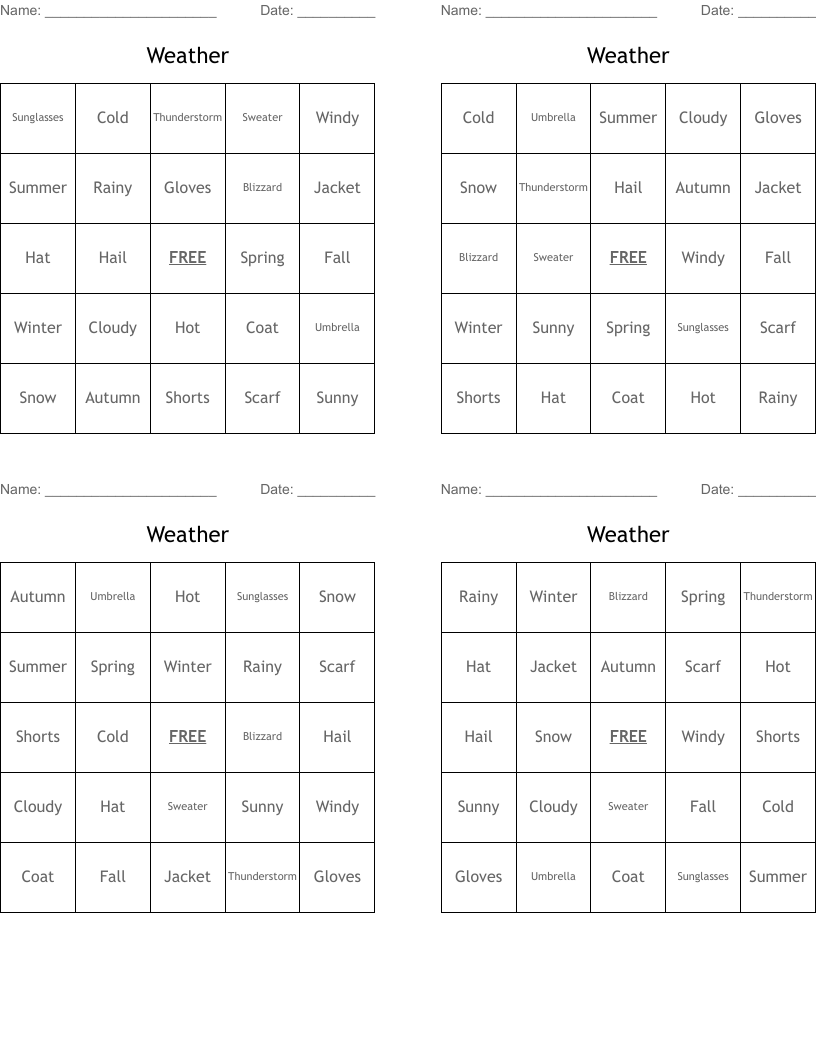 Weather Bingo Cards