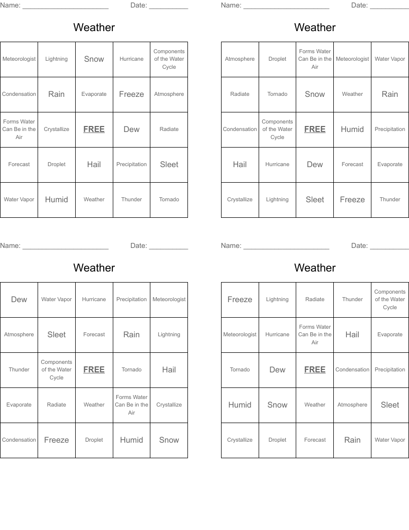 Weather Bingo Cards