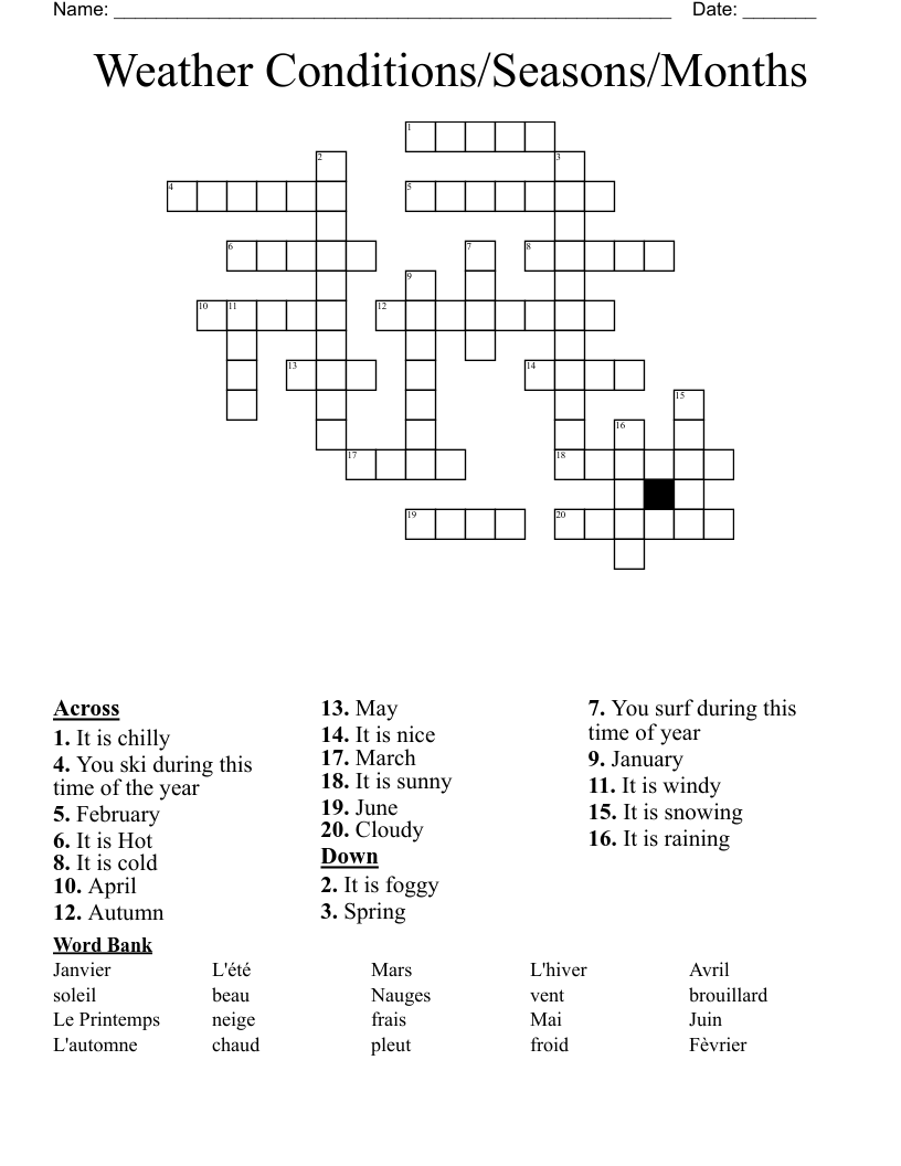 Weather Conditions/Seasons/Months Crossword