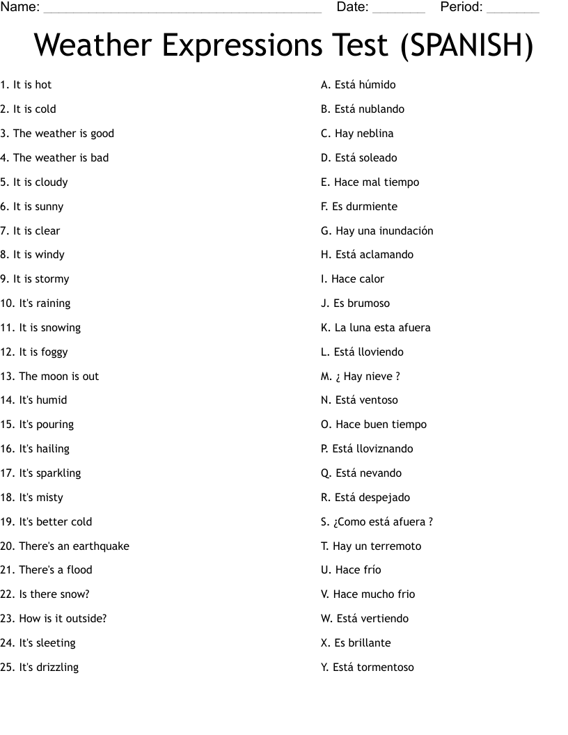 Weather Expressions Test (SPANISH)  Worksheet
