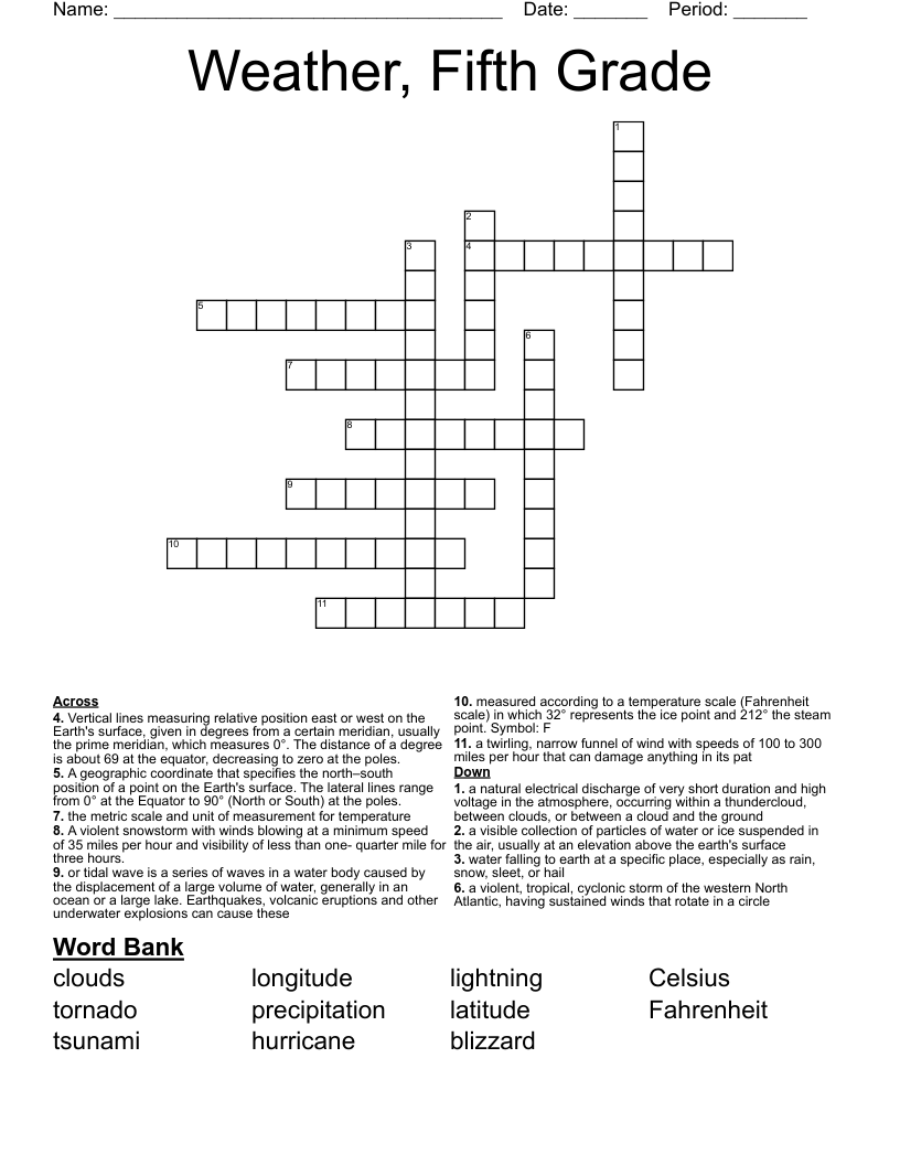 Weather, Fifth Grade Crossword