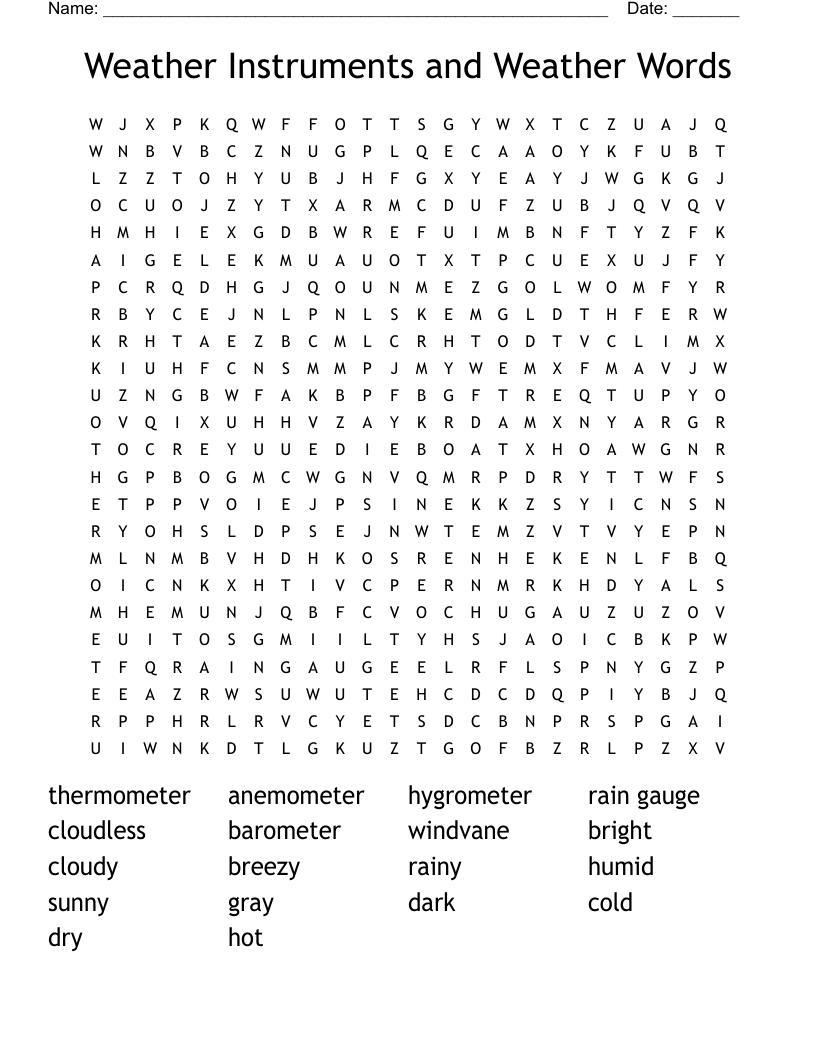 Weather Instruments and Weather Words Word Search
