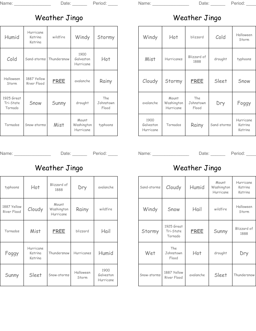 Weather Jingo Bingo Cards